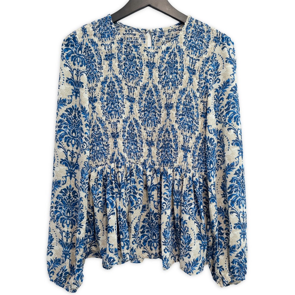 Smocked Peplum Top Womens M Boho Damask Toile Print Peasant Babydoll Shirt Blue